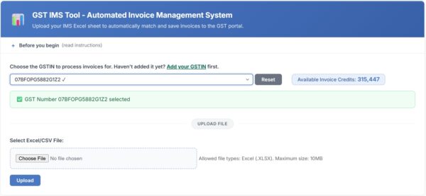 Invoice Processing Credits for GST IMS Tool (10 Paisa/Invoice)